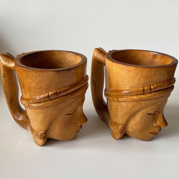 TIKI MUGS Set of 2 Tribal Woman Face Hand Carved in Wood Vintage Collectible - Picture 1 of 11